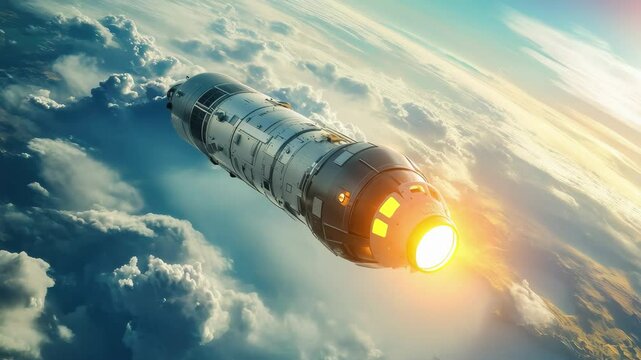 Space module in flight showcases Earth's beauty against a backdrop of clouds at sunset, The space module flies against the background of a cloudy planet with seas