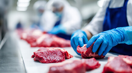 Female worker in an apron and hairnet picking up raw meat from a table on a food production line, close-up view of hands with blue gloves holding fresh, red meat cut - the backgrou