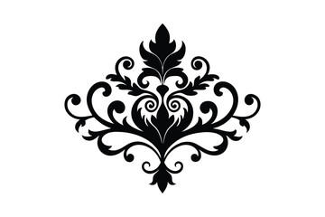 Elegant Black Damask Floral Ornament on White Background.