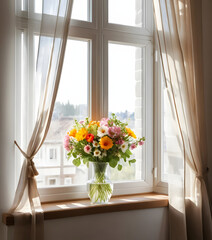 Flowers in a vase in the morning at the window