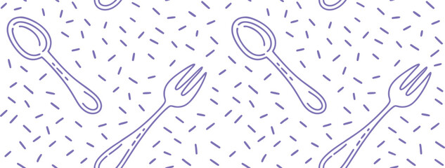 Minimal seamless pattern featuring spoon and fork in a fun sprinkle background. Ideal for kitchen food packaging, and culinary branding. Perfect for restaurants and food blogs.