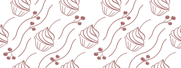 Hand-drawn seamless cupcake and berry pattern in soft red outline. Ideal for bakery branding, pastry packaging, kitchen textiles, dessert menus, and cozy food-themed designs.