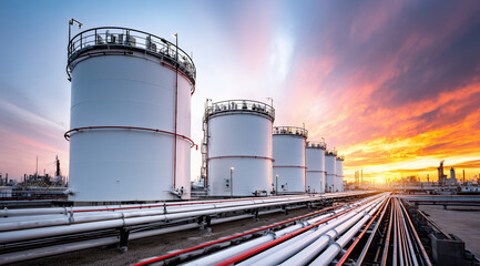 Obraz premium A row of oil tanks on an industrial pipeline against the backdrop of a sunset sky, representing the energy and petrochemical industry. Oil transport technology concept.