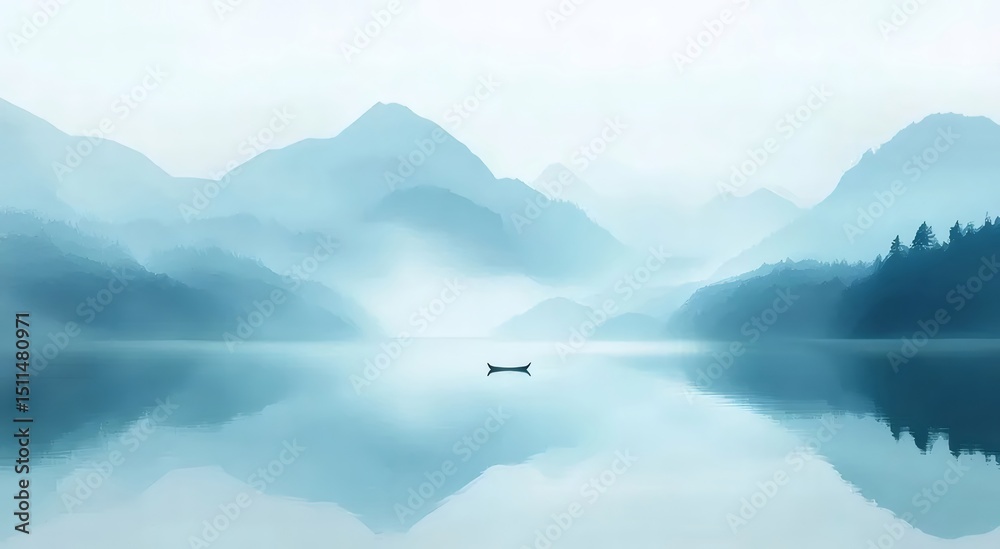 Aufkleber 水面と山々を望む霧に包まれたボート 青と白の色調 自然の風景画