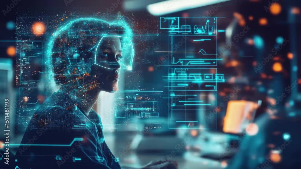 Poster data processing and analysis by scientists in a modern research lab environment, data processing ove