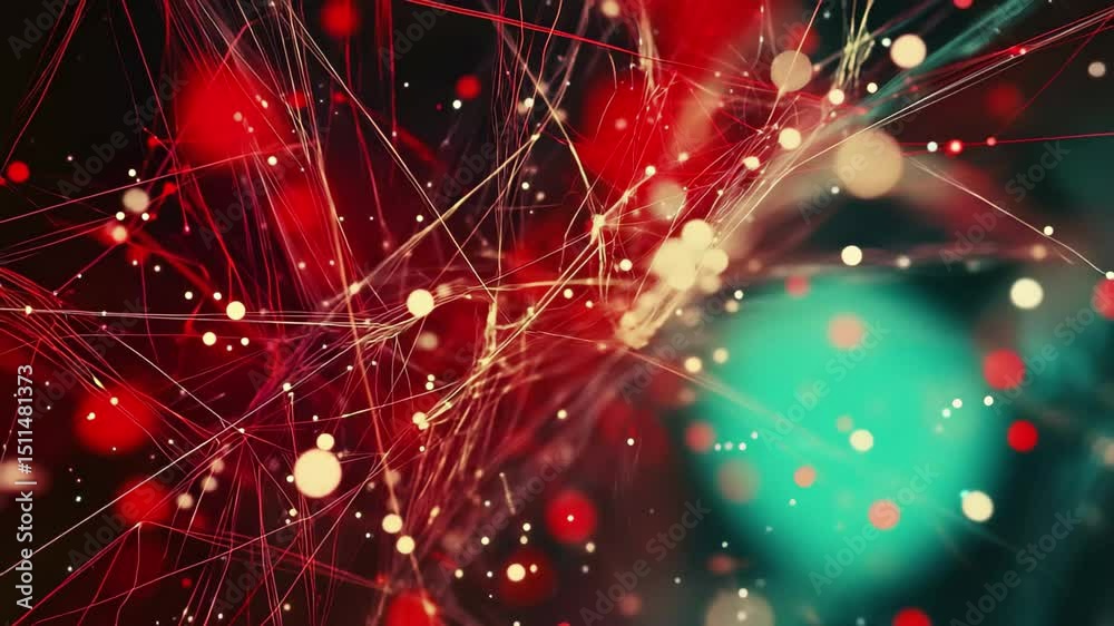 Poster Network of connections illuminated by red spots and data processing elements in a digital landscape, network of connections over red spots and data processing