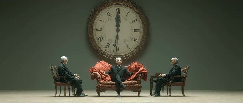 Zooming in on three identical men in black suits sit under a giant ticking clock while red-clad figures blur past, highlights themes of time and routine