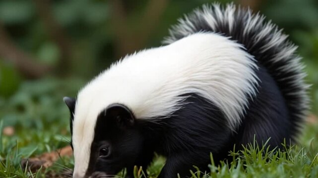 Black and white skunk in grass