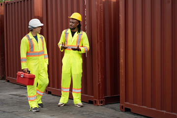 Two worker man working with checking container at container site	