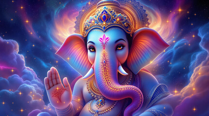 A vibrant, highly detailed digital painting of Lord Ganesha, with intricate patterns across the face and body.