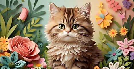 Ragamuffin cat with the fresh garden in quilling paper style.
