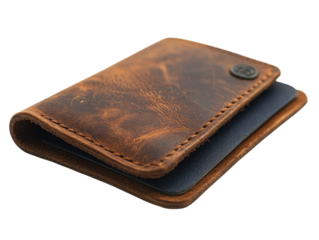 A brown leather wallet with a blue card inside