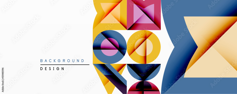 Poster Abstract geometric composition. Vivid colors blend, creating dynamic shapes. Modern design features overlapping circles, triangles, squares. Minimalist aesthetic, clean lines.