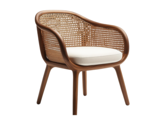 A wooden chair with a white cushion