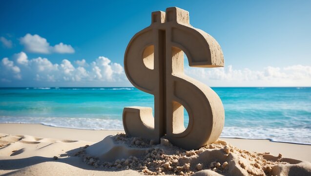 Dollar sign sand sculpture on tropical beach representing financial freedom