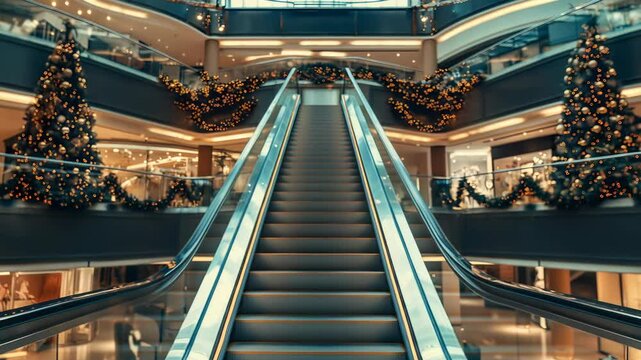 A vertical shot captures an escalator inside a shopping mall decorated for the holidays. Christmas trees and festive lighting enhance the scene in the multistory shopping center.