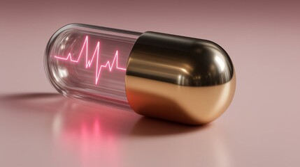 Transparent capsule with glowing heartbeat line resting on smooth surface