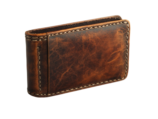 A brown leather wallet with a brown leather strap