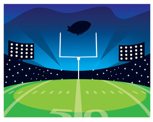 Vector illustration depicting an American football stadium at night, featuring a green field with yard lines, goalposts,