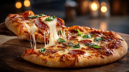Mouthwatering Pepperoni Pizza with Stretchy Cheese – Golden Crust & Fresh Herbs on Rustic Wooden Board, 32k Resolution