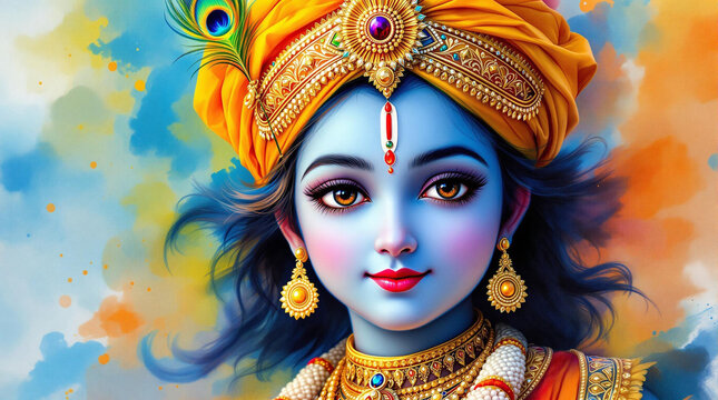 This is a beautifully stylized digital painting of Lord Krishna as a young deity, radiating divine charm and vibrant energy. His skin is a celestial shade of blue, symbolizing his divine nature  - Powered by Adobe