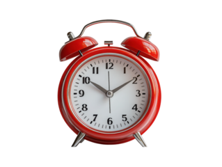 A red alarm clock with the time of 10:30