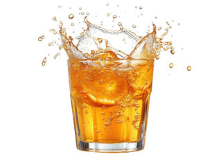 A glass of orange juice with ice cubes in it