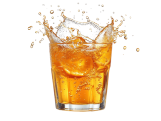 A glass of orange juice with ice cubes in it