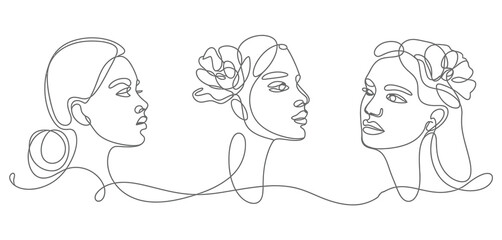 Three Elegant Women Line Art Portraits with Flowers