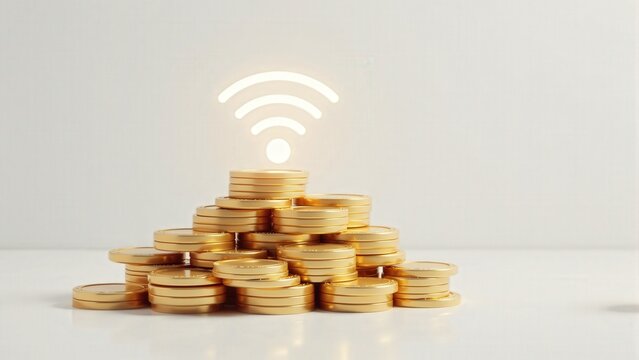 Wifi Symbol Above Stack Of Coins - Powered by Adobe