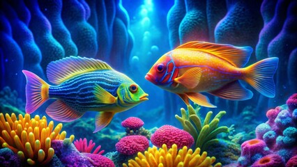 Fototapeta premium Vibrant Reef Inhabitants A Pair of Colorful Fish Gracefully Swim Amidst a Lush Underwater Garden of Coral and Sea Anemones, Exhibiting a Stunning Display of Marine Life's Beauty