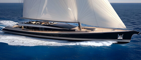 Luxury Black Yacht Sailing In Blue Ocean