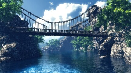 Serene Suspension Bridge Over a Tranquil River in a Lush Green Valley