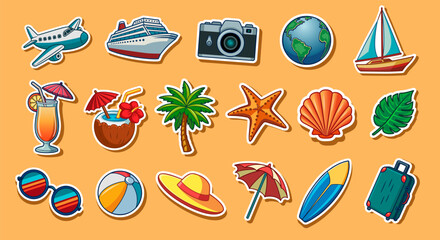 Travel stickers illustrations set. Tourism and summer vacations. Vector cartoon stickers collection. Journey and tour. Graphic elements.