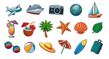 Travel stickers illustrations set. Tourism and summer vacations. Cartoon stickers collection. Journey and tour. Graphic elements.