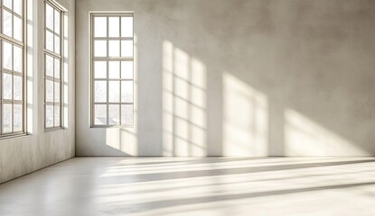 Sunlit, empty room with large windows