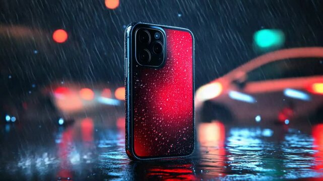 Red iPhone 12 Pro Max in the Rain at Night