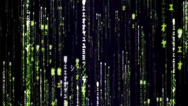 Digital rain on glass, a futuristic data stream pattern with glowing green binary code