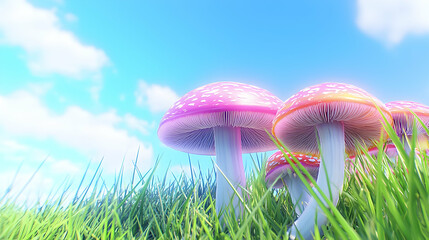 Pink And Red Glowing Mushrooms In Grassy Field Under Bright Sky