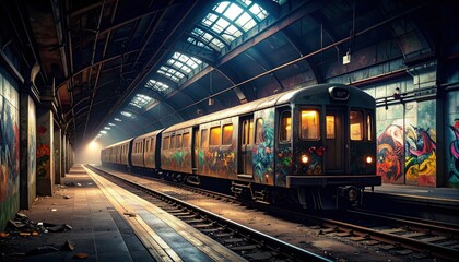 Abandoned Subway Station with Graffiti and Dark Urban Decay