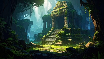 Crumbling Ancient Temple Surrounded by Lush Overgrowth and Mystery