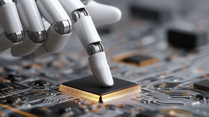 Robot hand interacting with intricate circuit board, innovation and technology futuristic theme