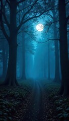 Mysterious, dark forest at night Moonlight filters through the dense canopy, illuminating the path and ancient trees Perfect for fantasy or horror themes , spooky, evergreen, gnarled