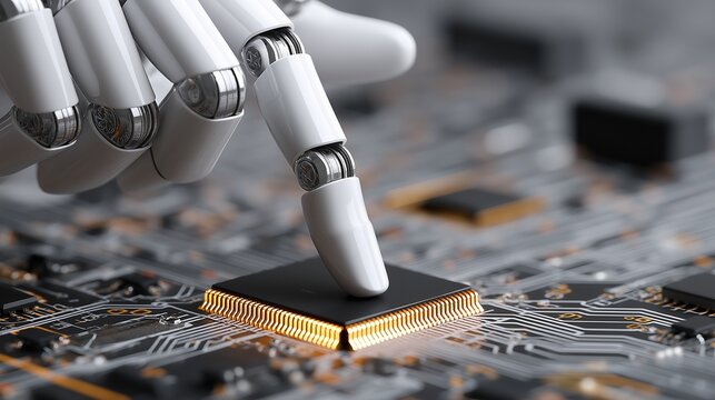 Robot hand interacting with intricate circuit board, innovation and technology futuristic theme