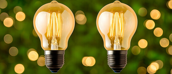 Pair Of Vintage Light Bulbs Against Green Bokeh Background