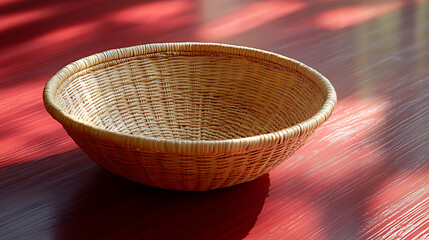 Simple Wicker Basket on Red Wooden Table with Natural Lighting