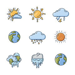 Climate Change Concept: Half Earth Melting, Sun and Clouds in Vector Icons