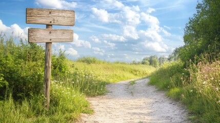 Rustic Wooden Signpost Guiding Path Through Summer Meadow
