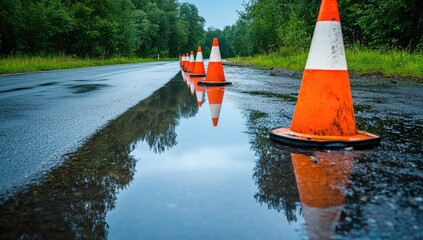 Road cones in a puddle