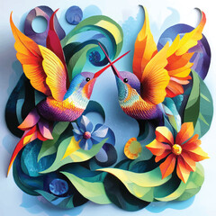 Fototapeta premium 3D Paper Style Hummingbird and Flowers